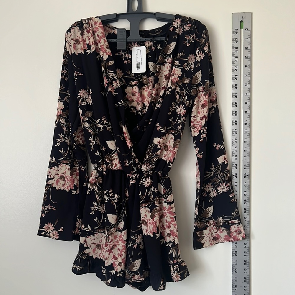 Honey Punch Navy Floral Long Sleeve Romper